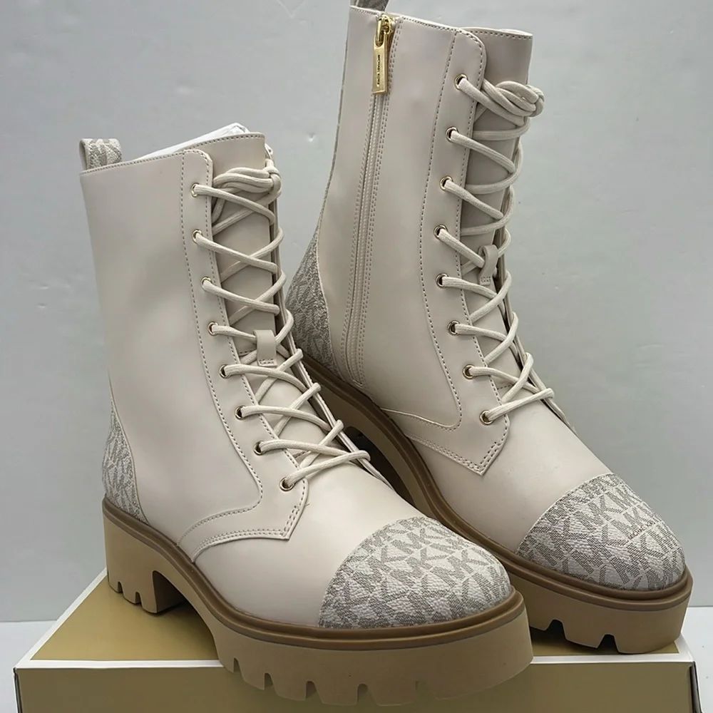 MICHAEL KORS Weiss Leather and Signature Logo Combat Bootie Faux Leather  Vanill